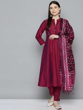 Embroidered Cotton Women Silk Flared kurta,pant with dupatta set