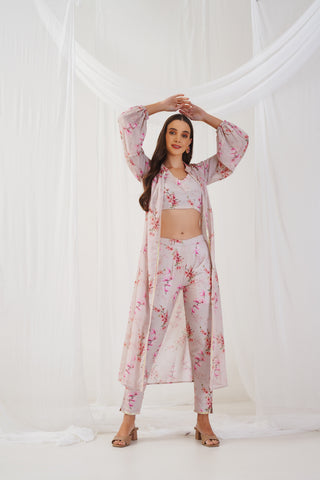 Cream Floral Printed Crop Top with Trousers & Shrug