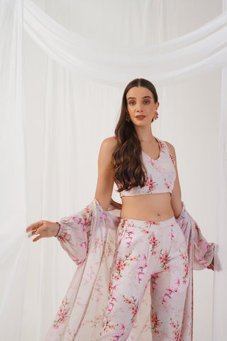 Cream Floral Printed Crop Top with Trousers & Shrug