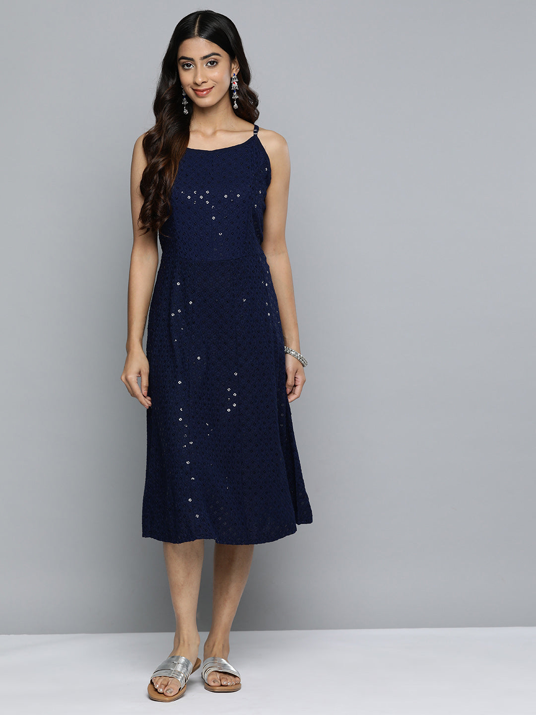 Jompers Navy Floral Sequin Embroidered A-Line Midi Dress