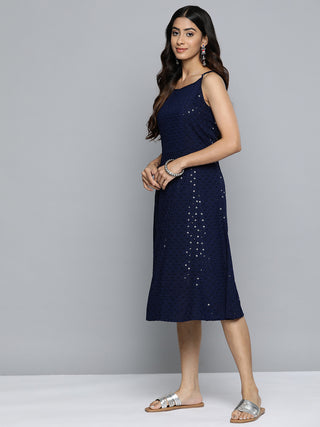 Jompers Navy Floral Sequin Embroidered A-Line Midi Dress