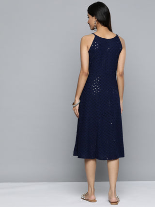 Jompers Navy Floral Sequin Embroidered A-Line Midi Dress