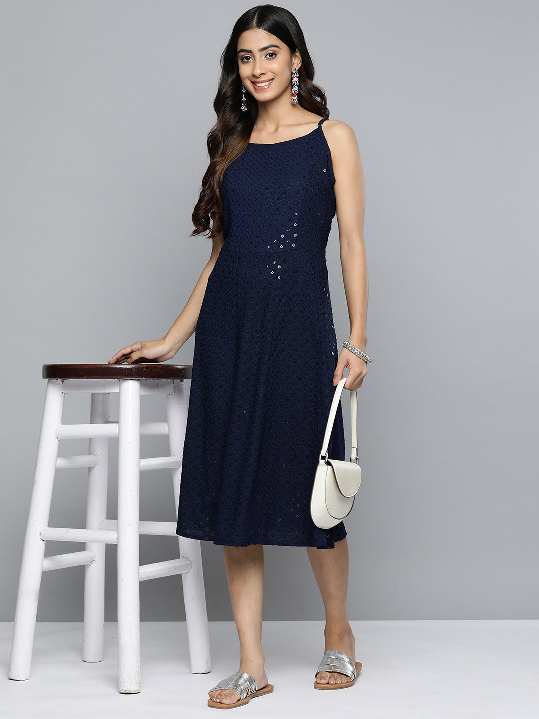 Jompers Navy Floral Sequin Embroidered A-Line Midi Dress