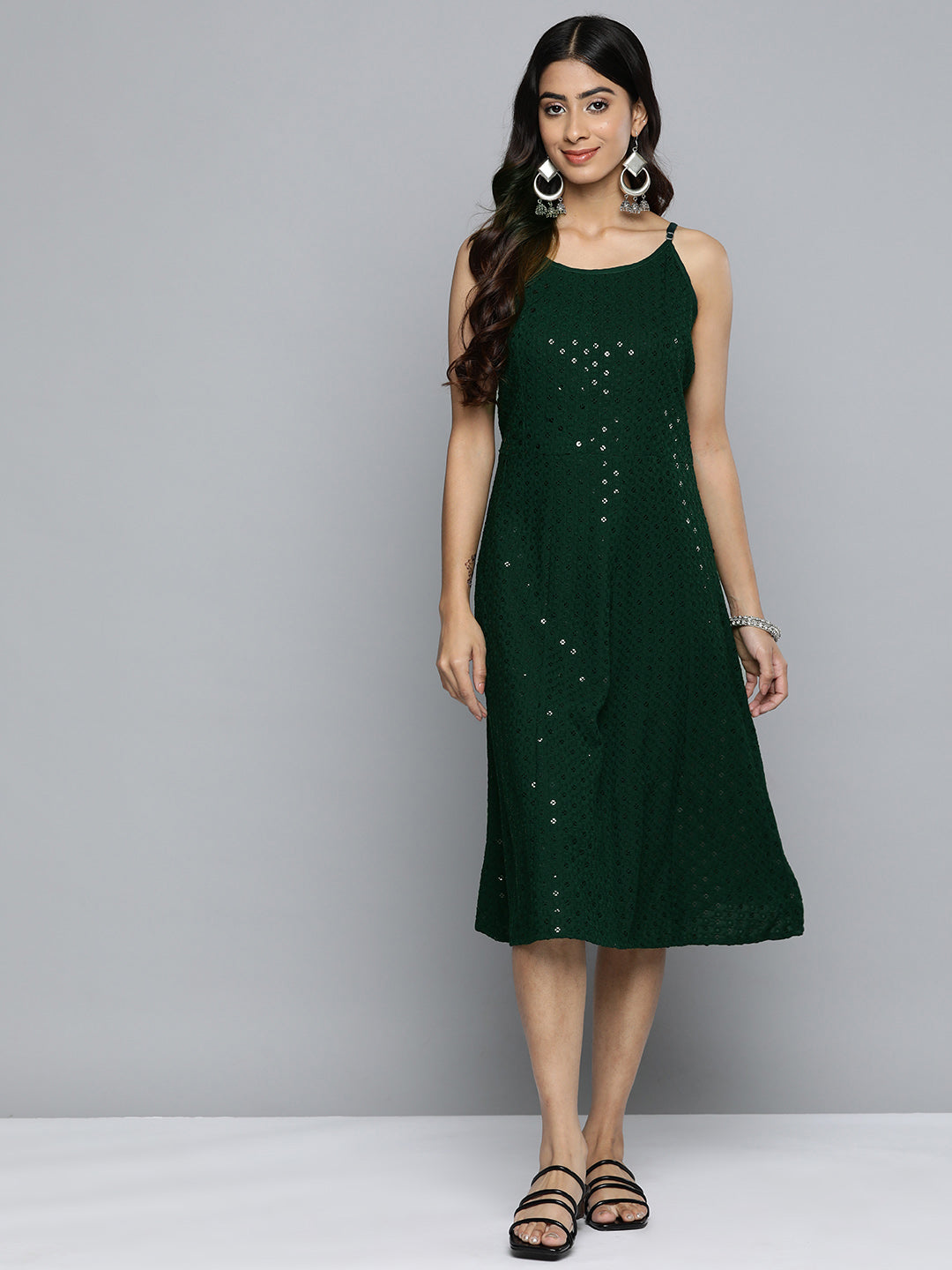 Jompers Olive Floral Sequin Embroidered A-Line Midi Dress