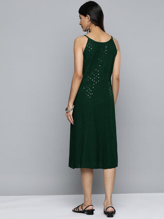 Jompers Olive Floral Sequin Embroidered A-Line Midi Dress