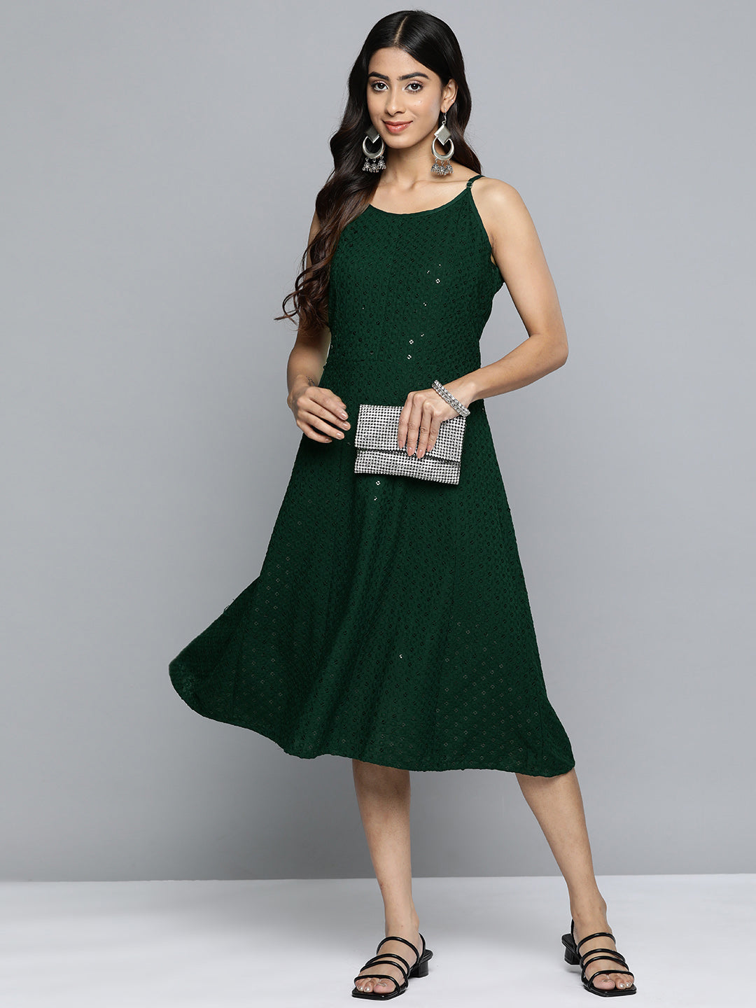 Jompers Olive Floral Sequin Embroidered A-Line Midi Dress
