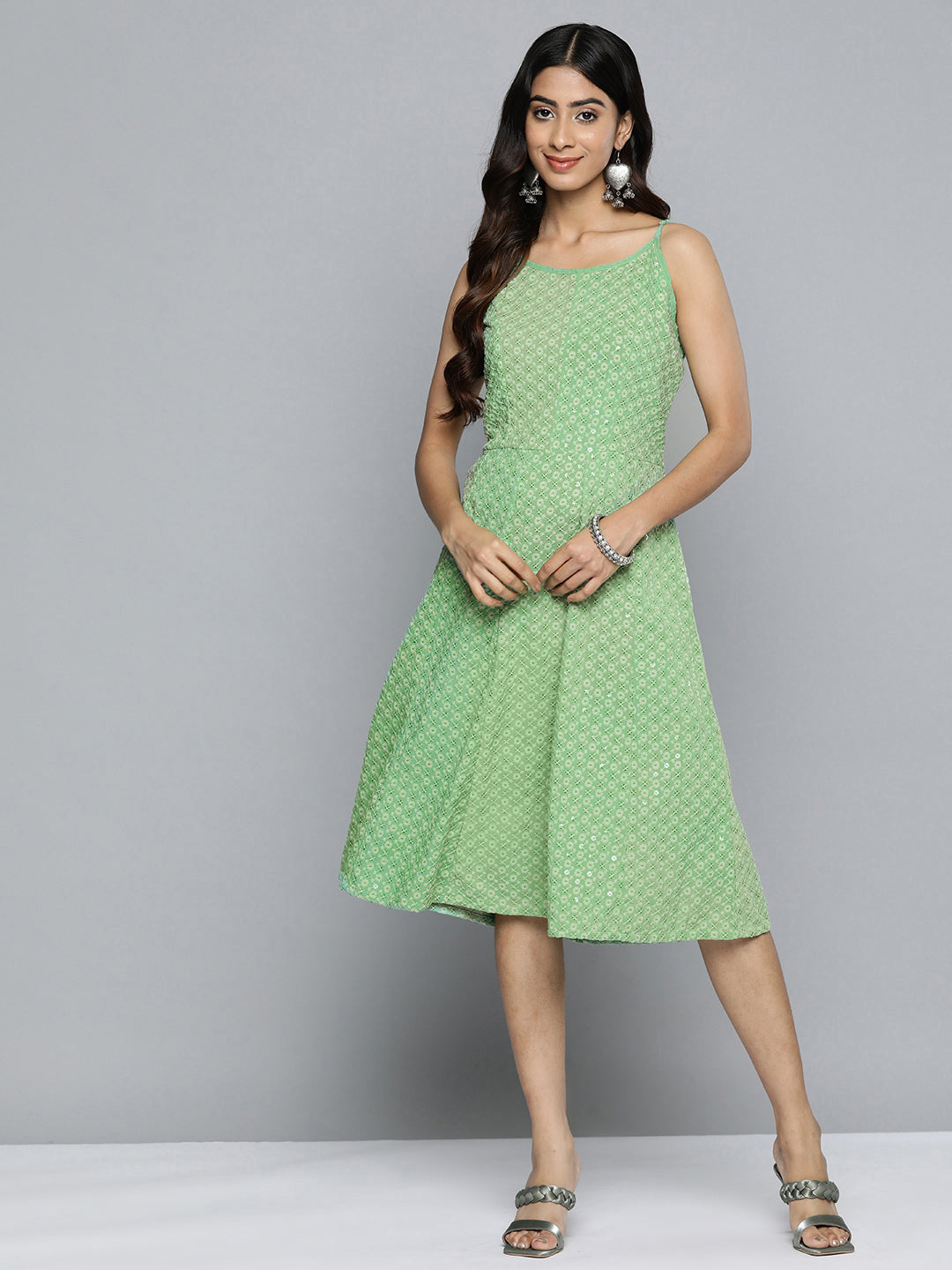 Jompers Green Floral Sequin Embroidered A-Line Midi Dress