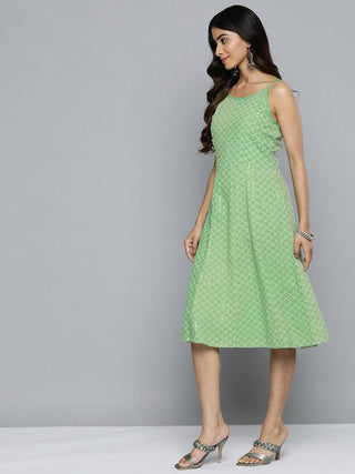 Jompers Green Floral Sequin Embroidered A-Line Midi Dress