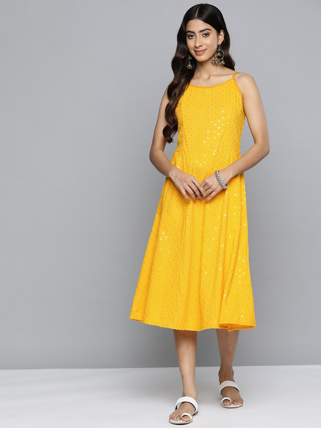 Jompers Yellow Floral Sequin Embroidered A-Line Midi Dress