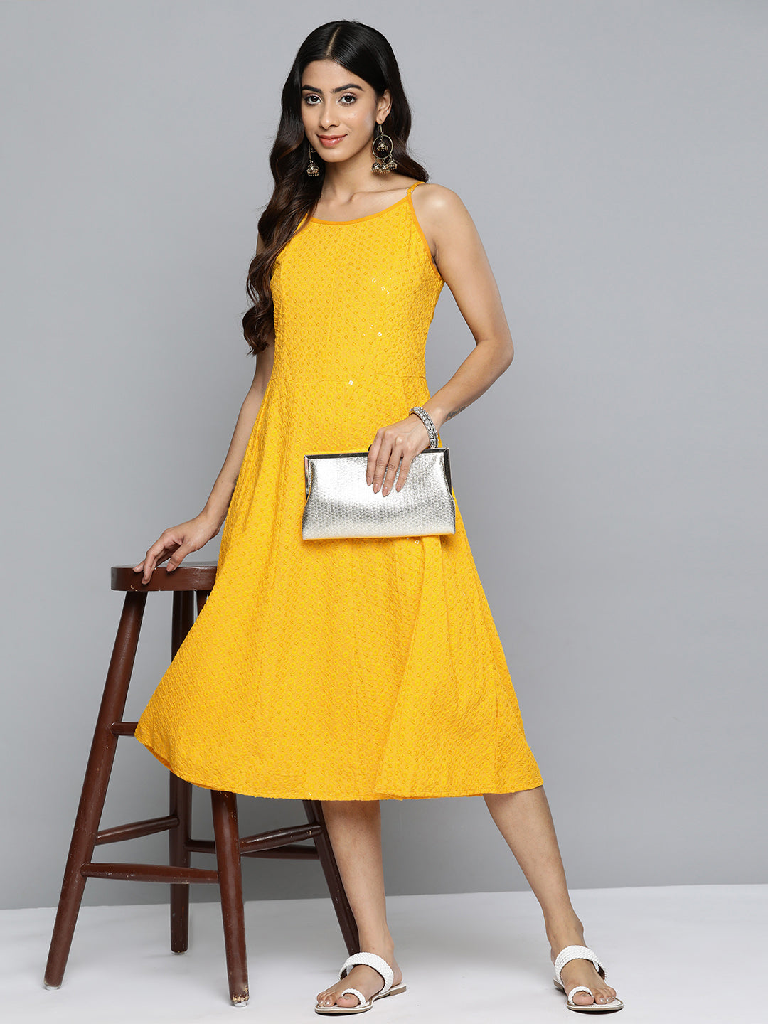 Jompers Yellow Floral Sequin Embroidered A-Line Midi Dress