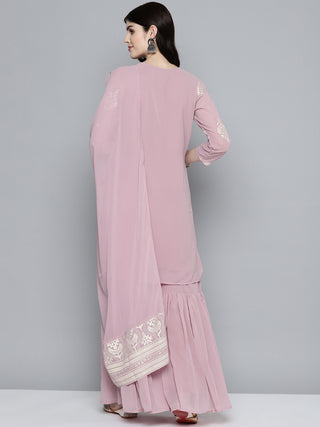 Women Pink & Silver Ethnic Motifs Foil Printed Straight Kurta Sharara Dupatta