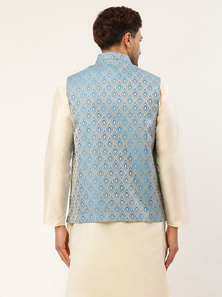 Men Sky Blue Woven Design Waistcoat