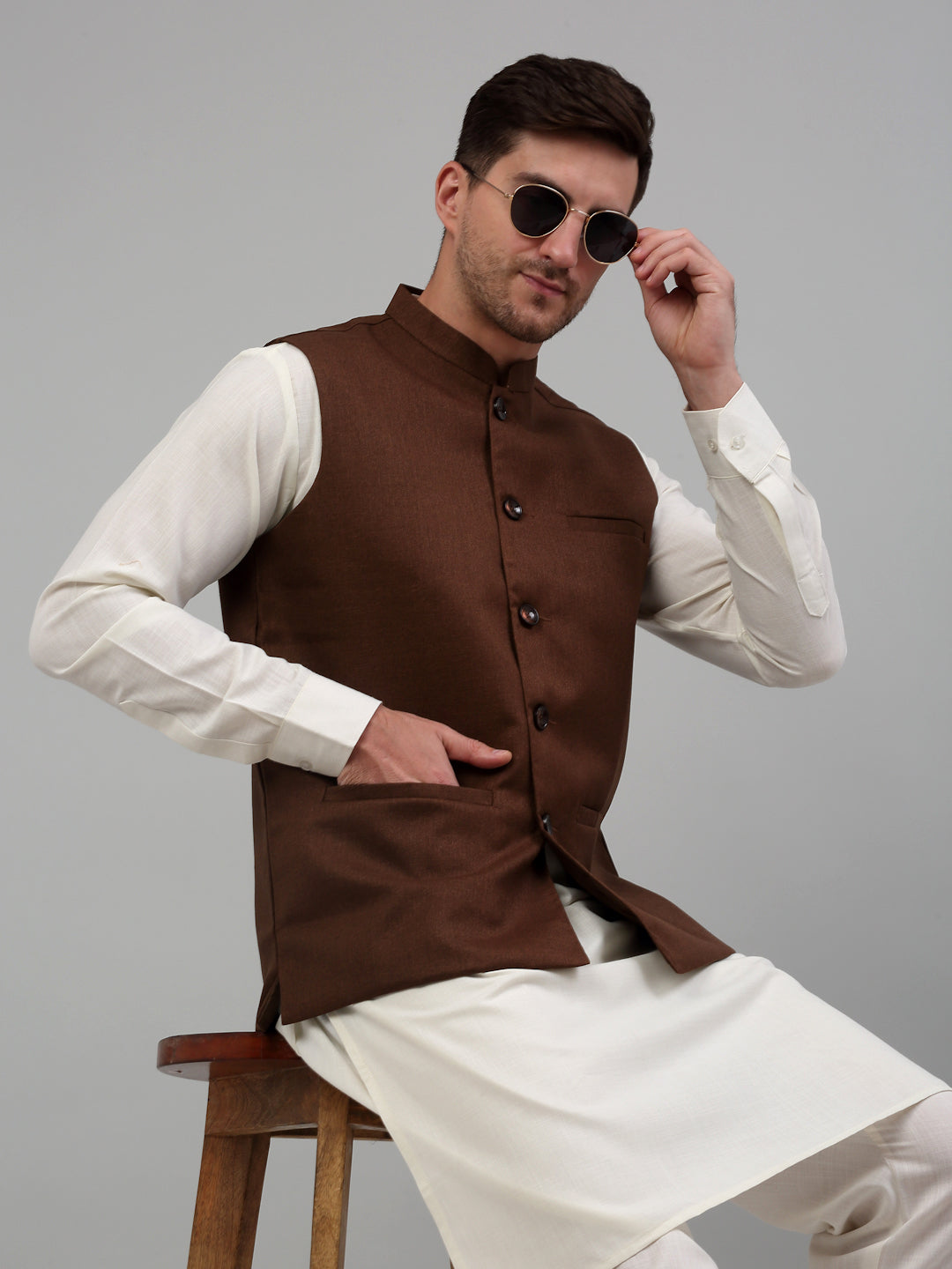 Men Brown Solid Nehru Jacket