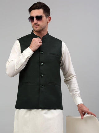 Men Olive Green Solid Nehru Jacket