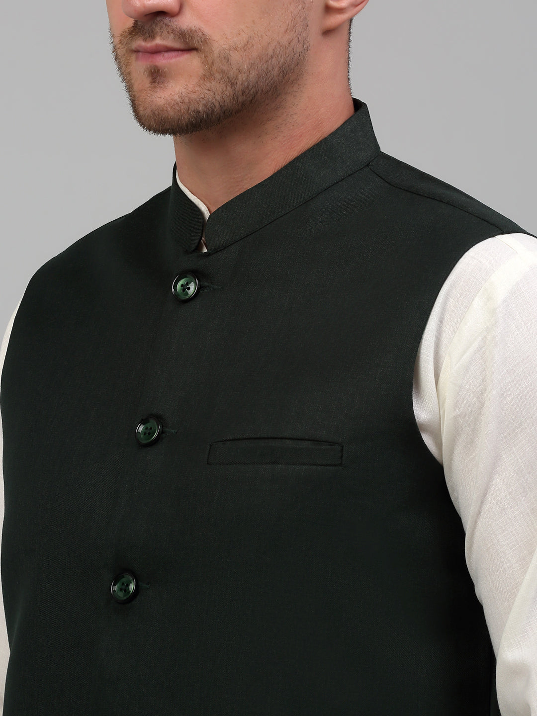 Men Olive Green Solid Nehru Jacket