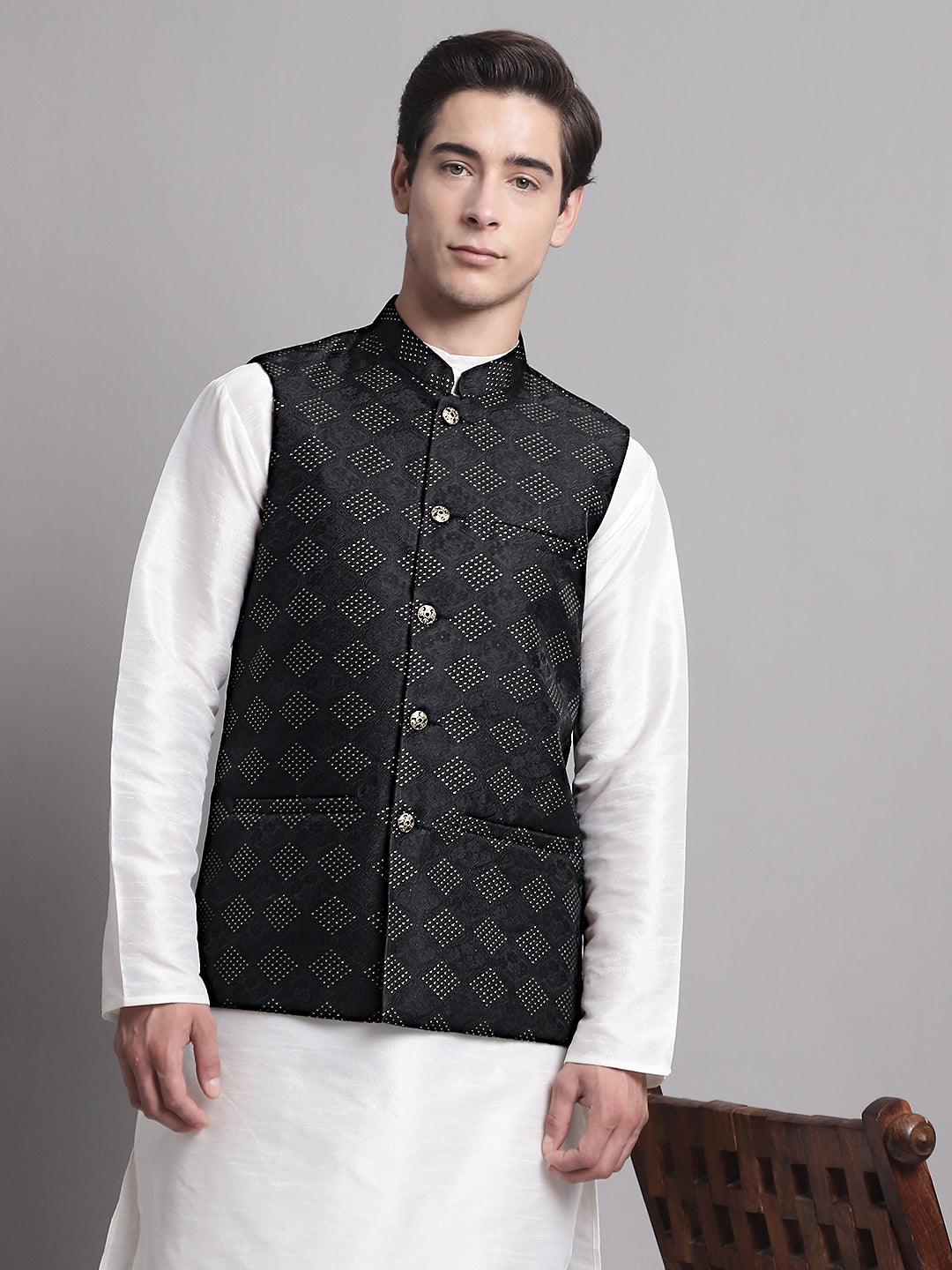 Men's Black Woven Design Nehru Jacket