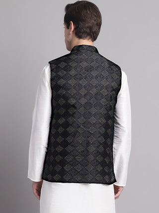 Men's Black Woven Design Nehru Jacket