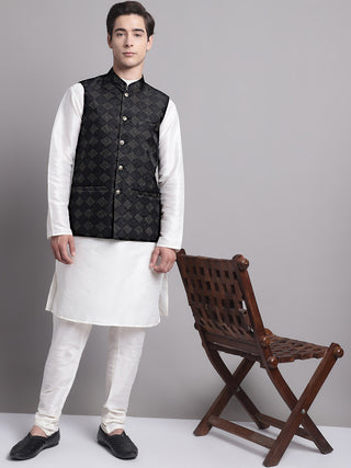 Men's Black Woven Design Nehru Jacket