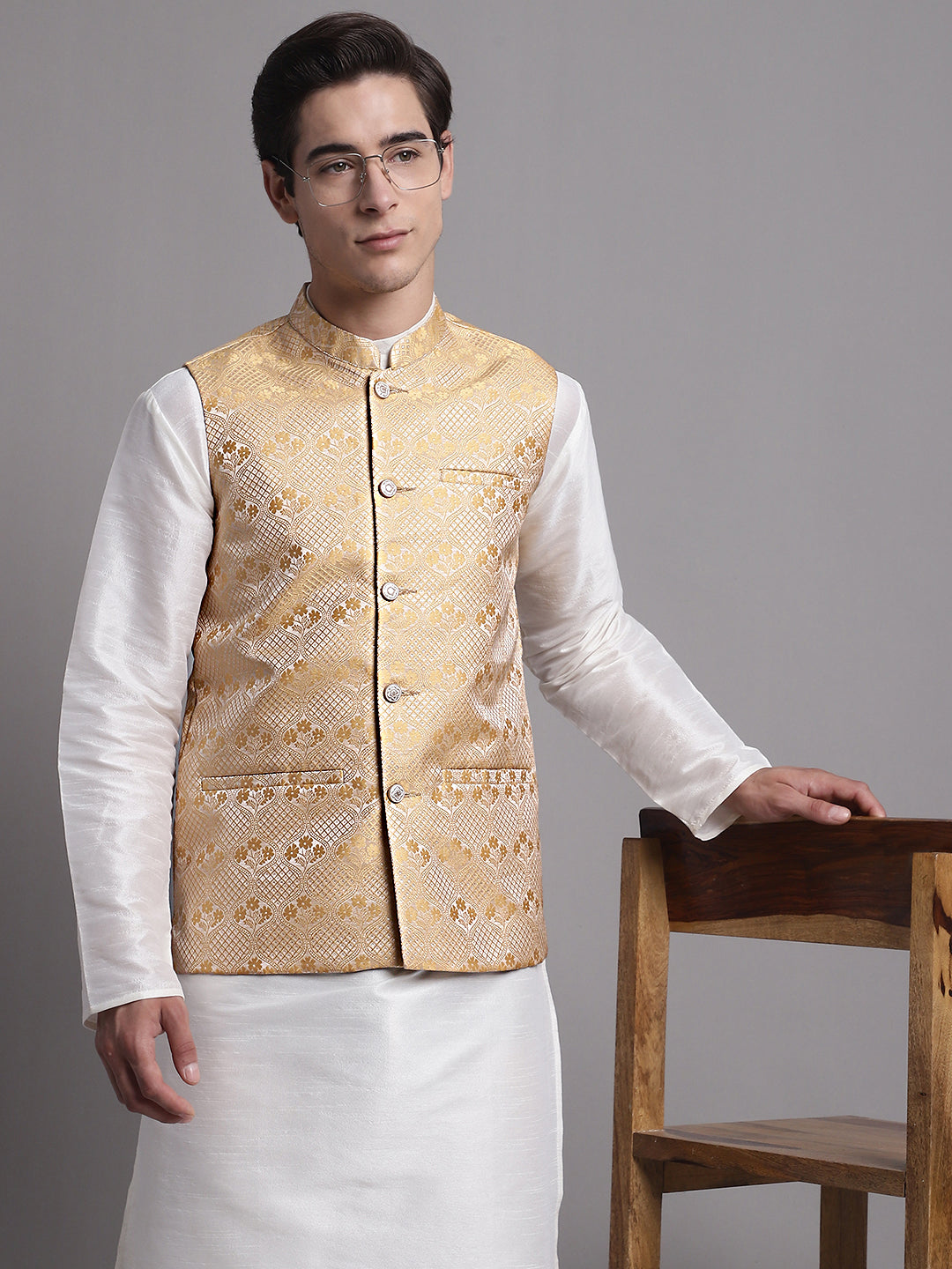 Men's Golden Woven Design Nehru Jacket