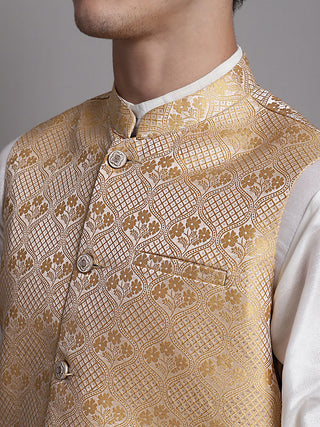 Men's Golden Woven Design Nehru Jacket