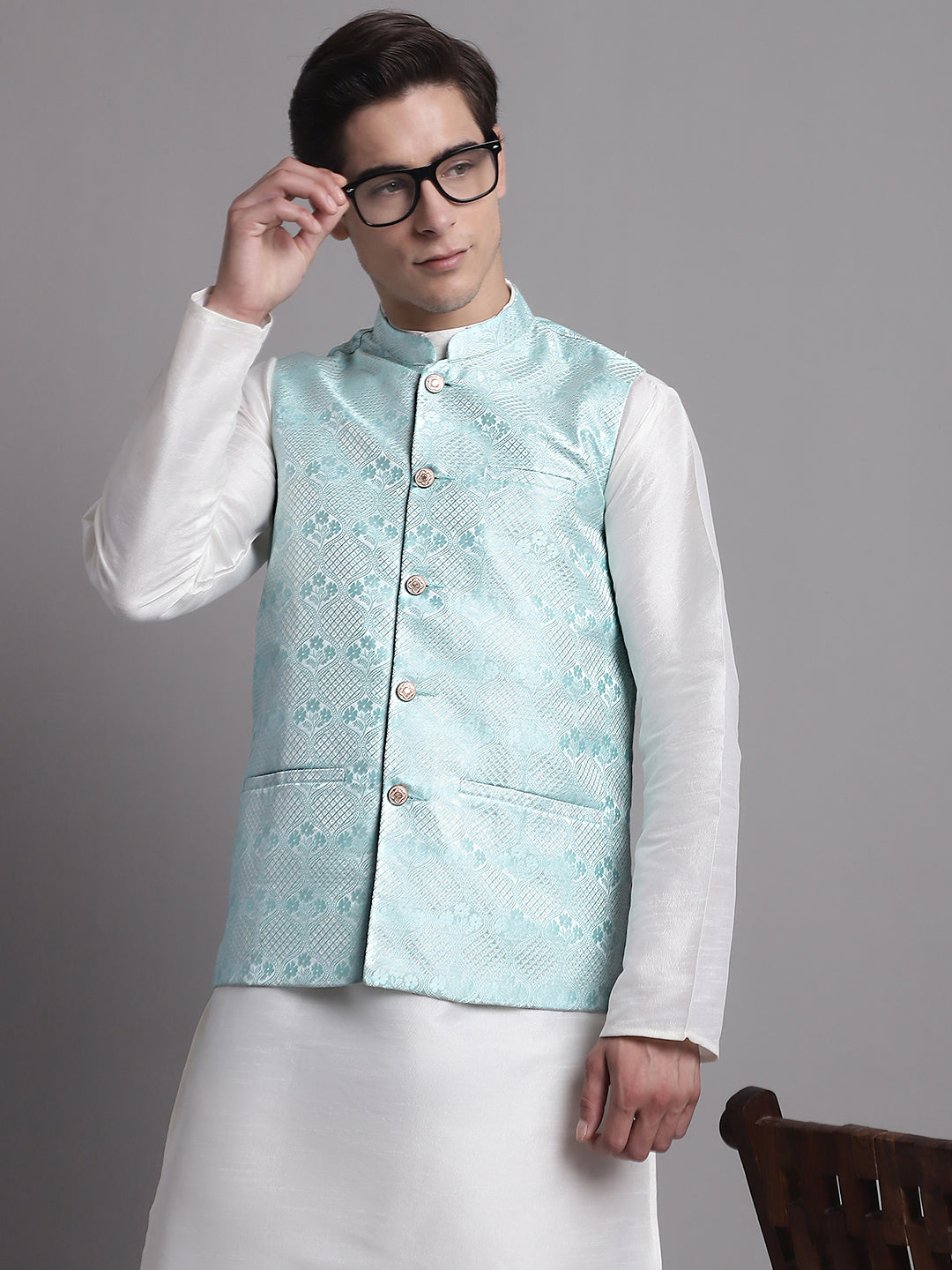 Men's Turquoise Blue Woven Design Nehru Jacket
