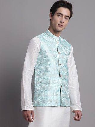 Men's Turquoise Blue Woven Design Nehru Jacket