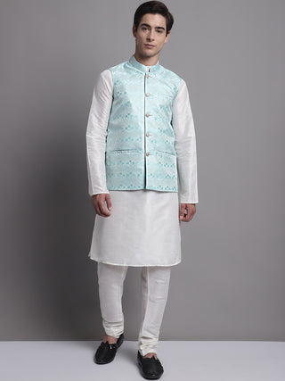 Men's Turquoise Blue Woven Design Nehru Jacket