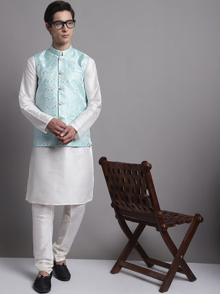 Men's Turquoise Blue Woven Design Nehru Jacket