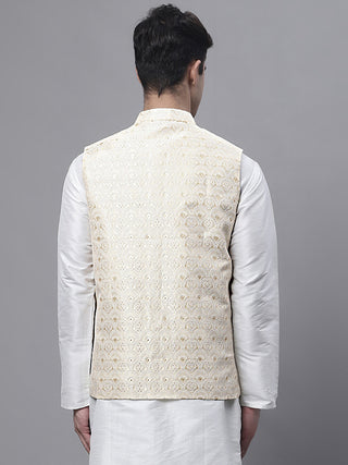 Men Yellow and White Woven Design Nehru Jacket