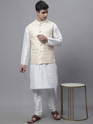 Men Yellow and White Woven Design Nehru Jacket