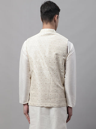 Men Off White Woven Design Waistcoats