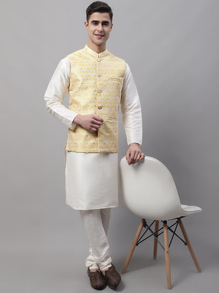 Men Yellow and White Woven Design Waistcoats