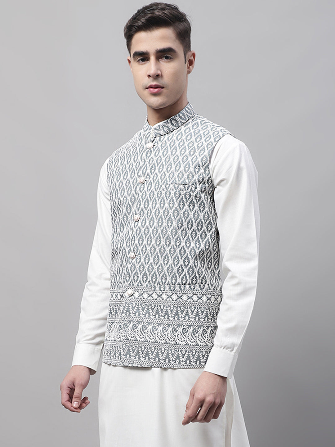 Men Grey and White Embroidered Waistcoats