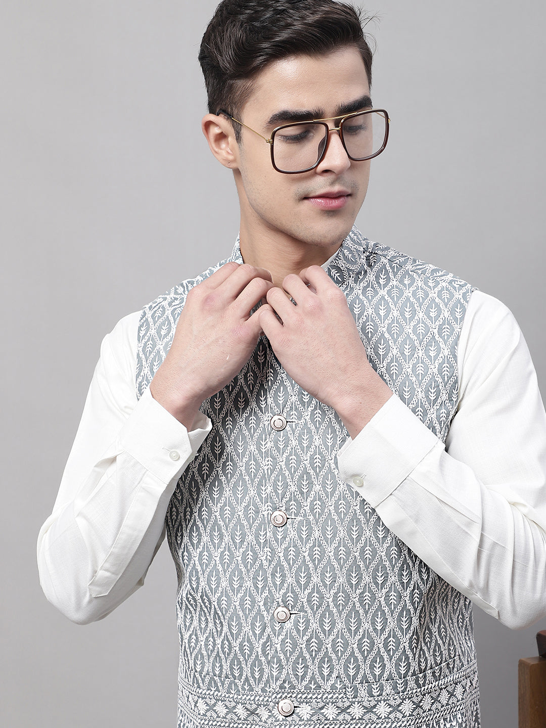 Men Grey and White Embroidered Waistcoats