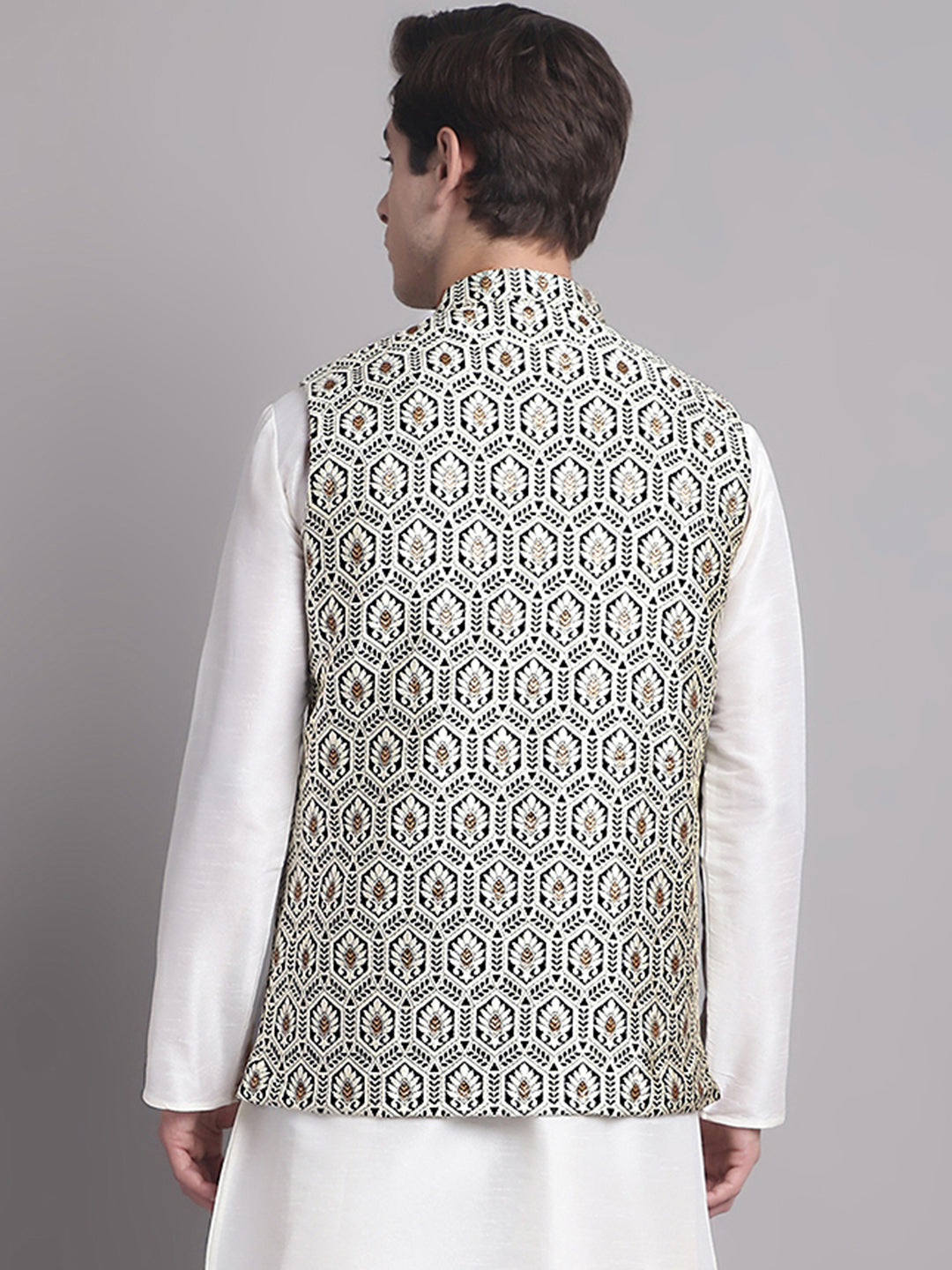 Men's Black and Silver Woven Design Nehru Jacket