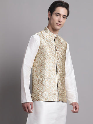 Men's Cream Woven Design Nehru Jacket