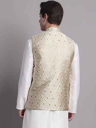 Men's Cream Woven Design Nehru Jacket