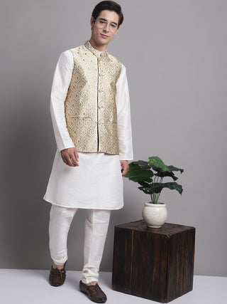 Men's Cream Woven Design Nehru Jacket