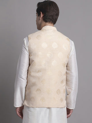 Men's Cream and Golden Printed Nehru Jacket