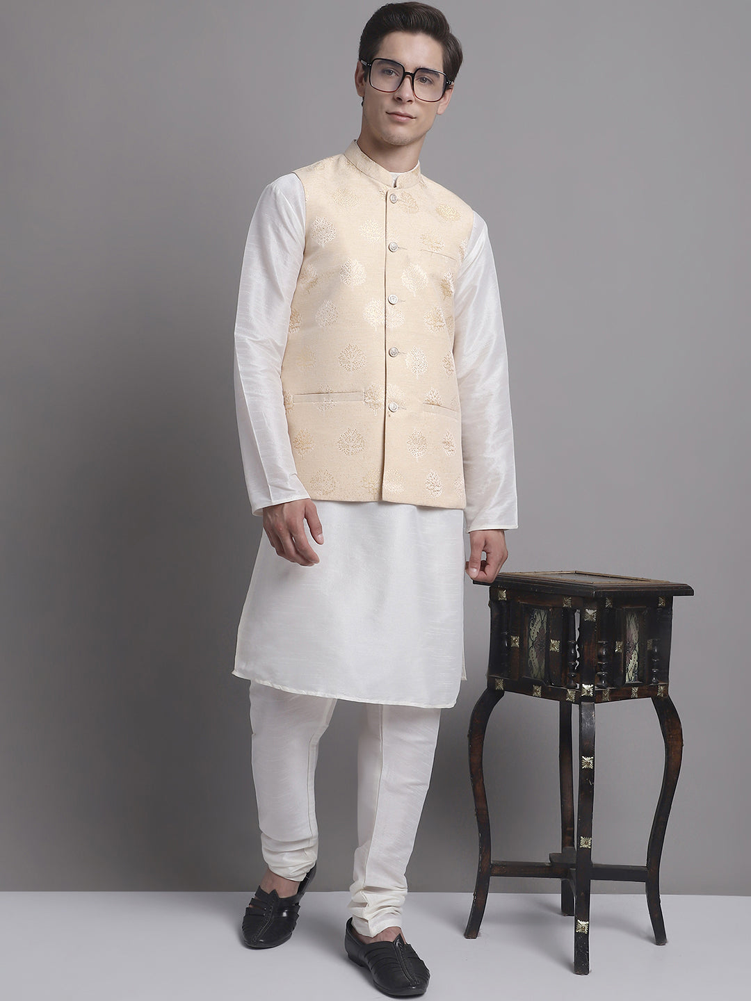 Men's Cream and Golden Printed Nehru Jacket