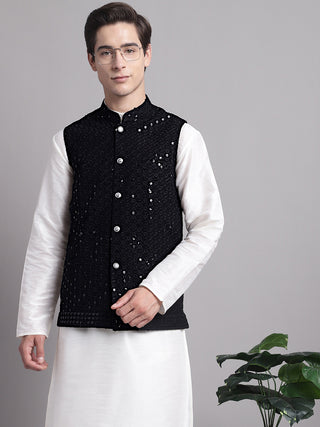 Men's Black Sequins and Embroidered Nehru Jacket