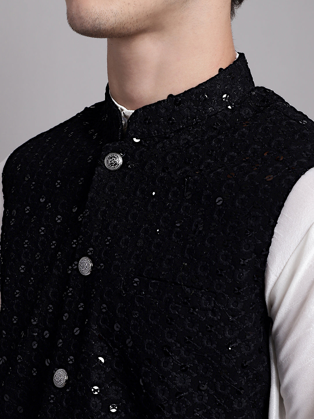 Men's Black Sequins and Embroidered Nehru Jacket