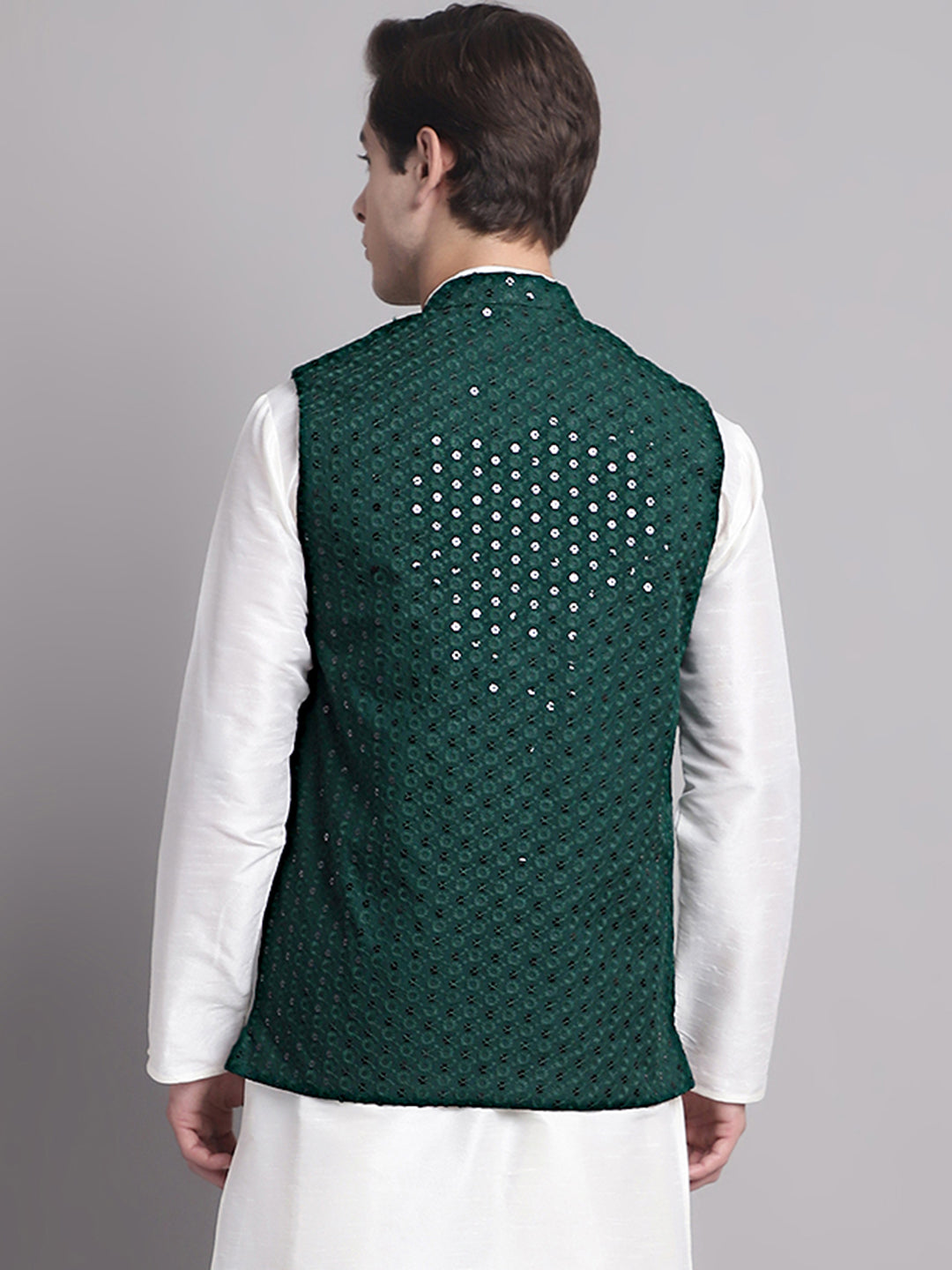 Men's Olive Green Sequins and Embroidered Nehru Jacket