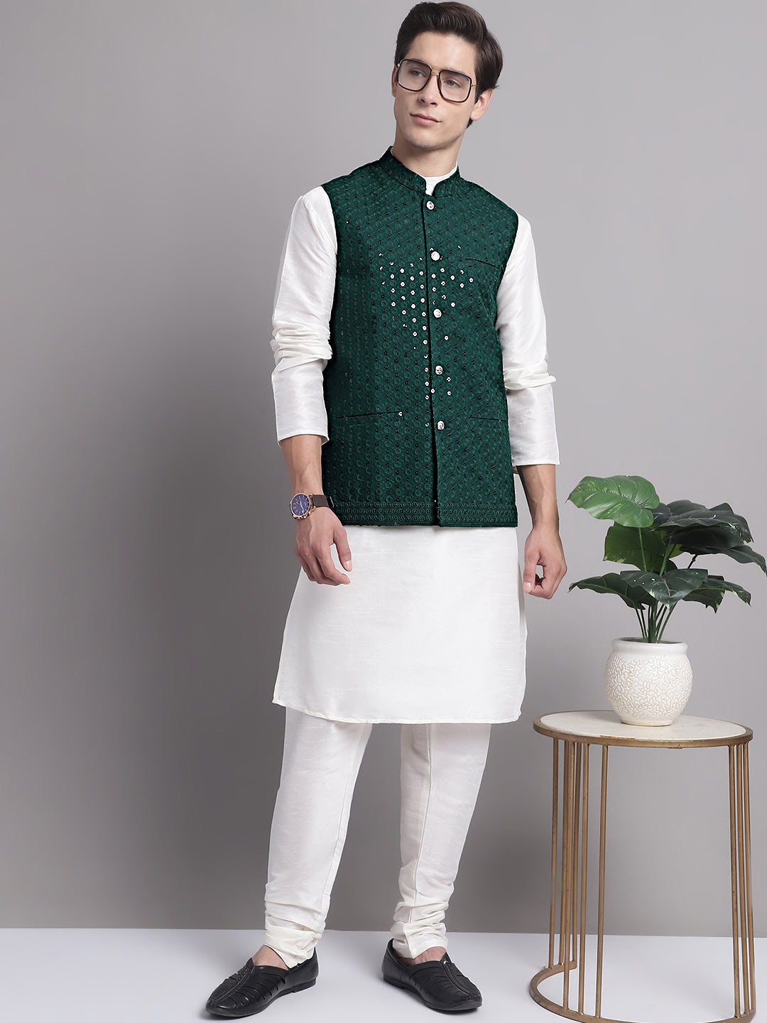 Men's Olive Green Sequins and Embroidered Nehru Jacket