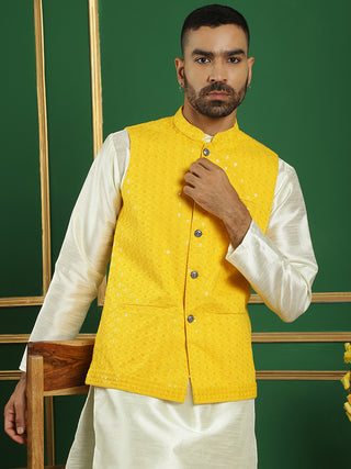 Men's Yellow Sequins and Embroidered Nehru Jacket