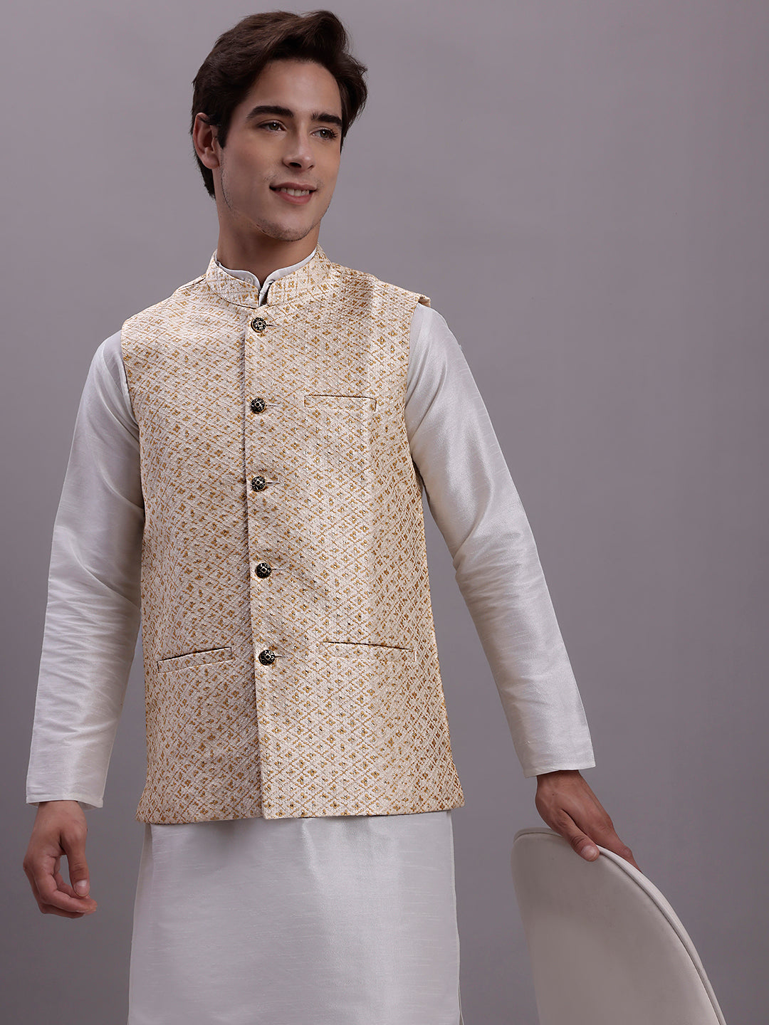 Solid Color Cotton Linen Nehru Jacket in Cream : MSY66