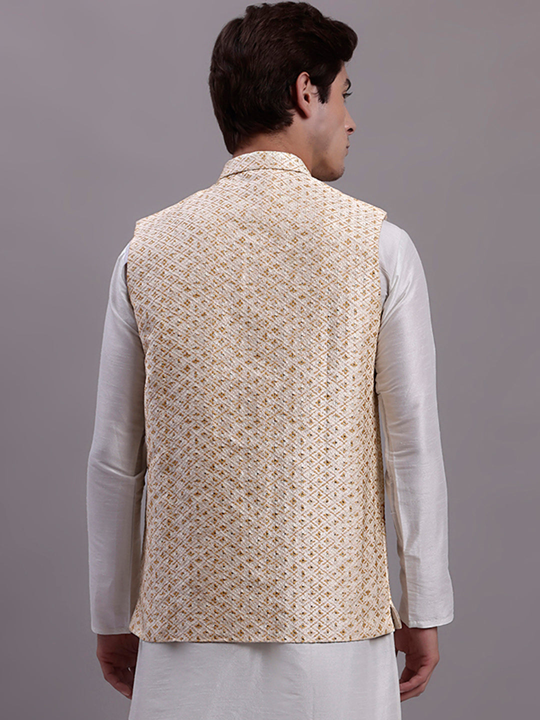 Men's Cream Woven Design Nehru Jacket With Solid Kurta Pyjama.