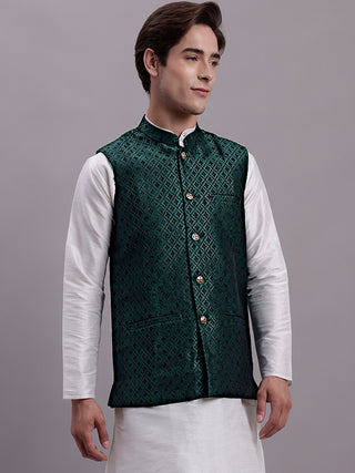 Men's Olive Green Woven Design Nehru Jacket With Solid Kurta Pyjama.