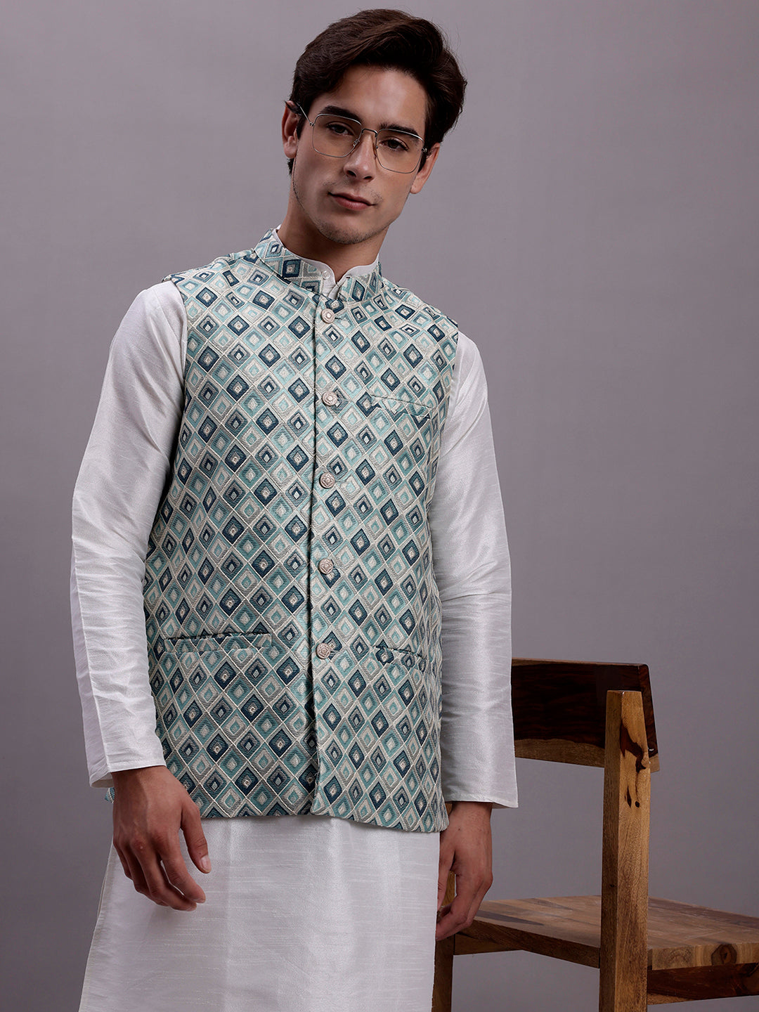 Men's Turquoise Blue Woven Design Nehru Jacket With Solid Kurta