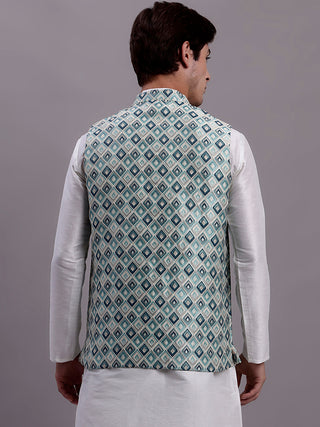 Men's Turquoise Blue Woven Design Nehru Jacket With Solid Kurta Pyjama.
